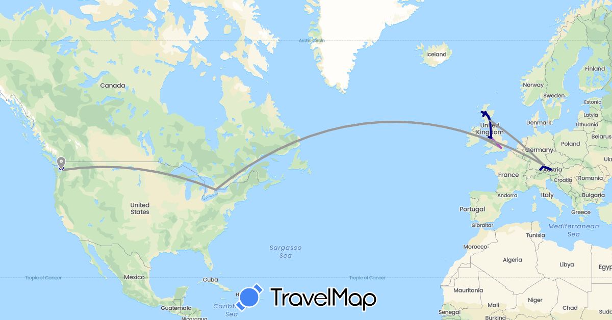 TravelMap itinerary: driving, plane, train in Austria, Canada, Germany, United Kingdom, Ireland, United States (Europe, North America)